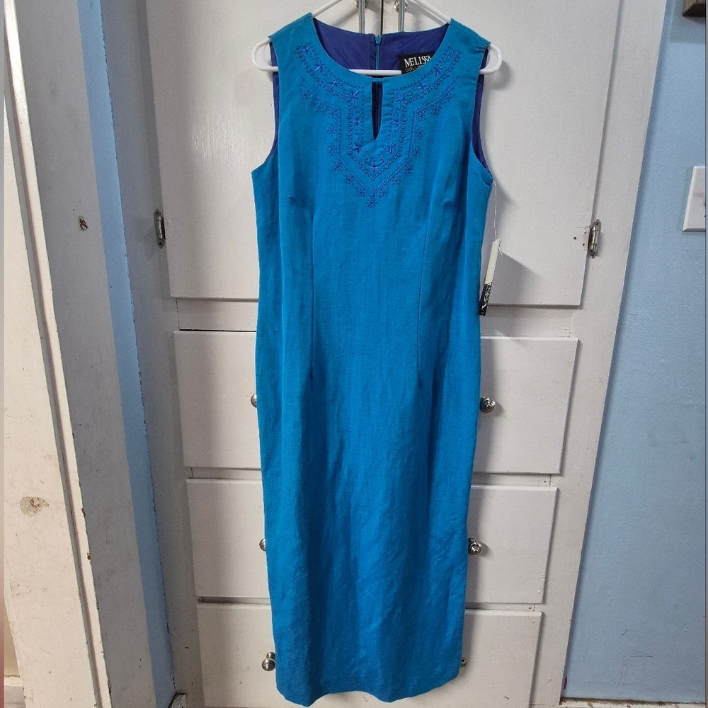 NWT Melissa Collection Sz 8 Linen Blend Blue Embroidered Sleeveless Shift Dress
